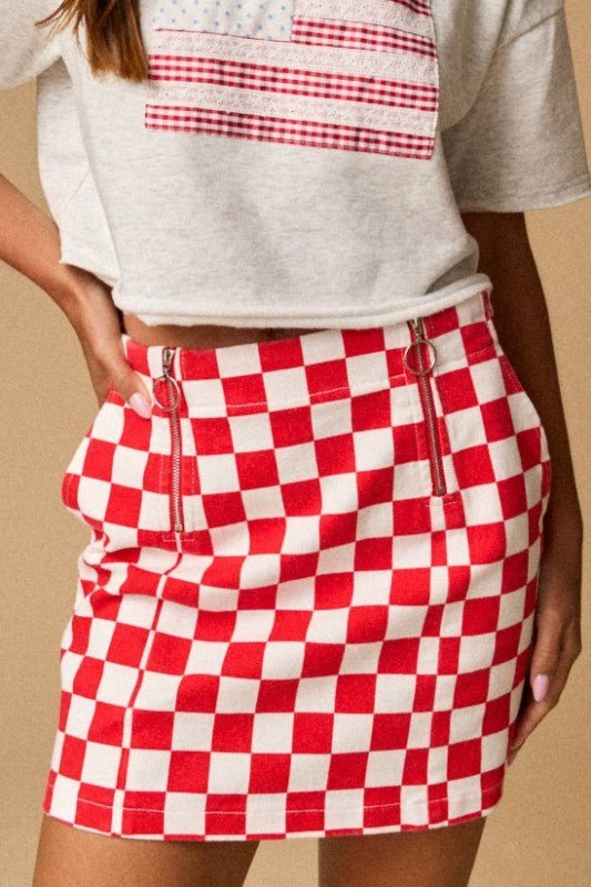 Retro Red Checkerboard High-Waist Mini Skirt - Bella Blossom Boutique