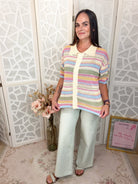 Retro Striped Button-Down Pointelle Knit Top - Bella Blossom Boutique