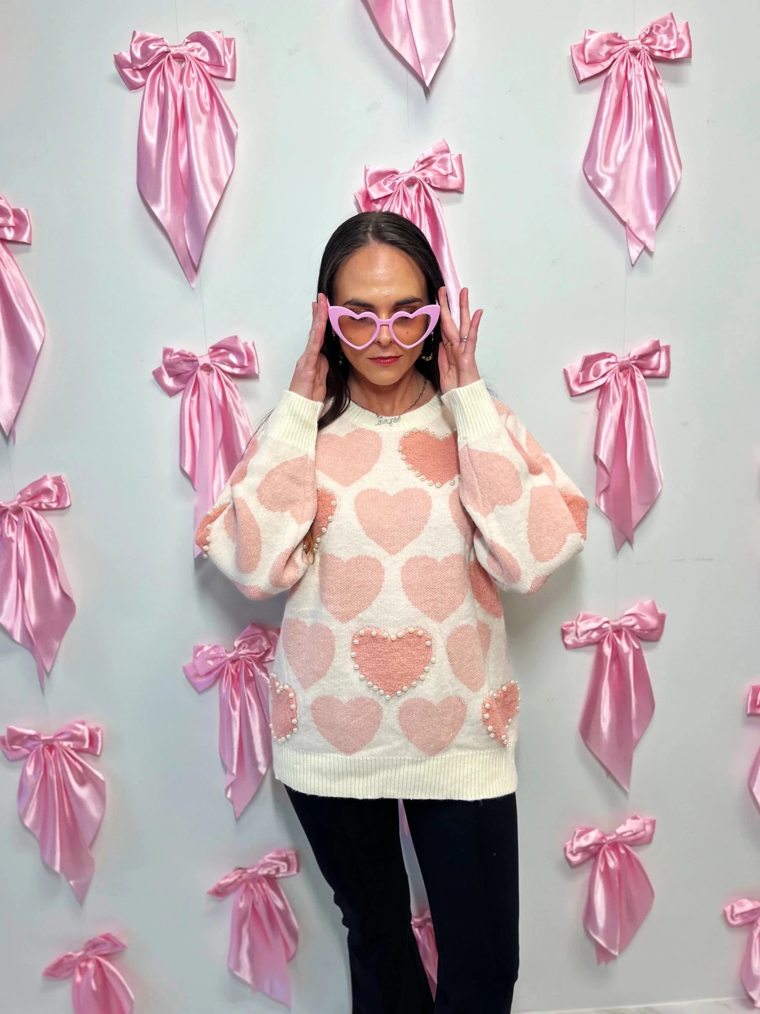 Romantic Pearl Heart Embellished Knit Sweater - Bella Blossom Boutique