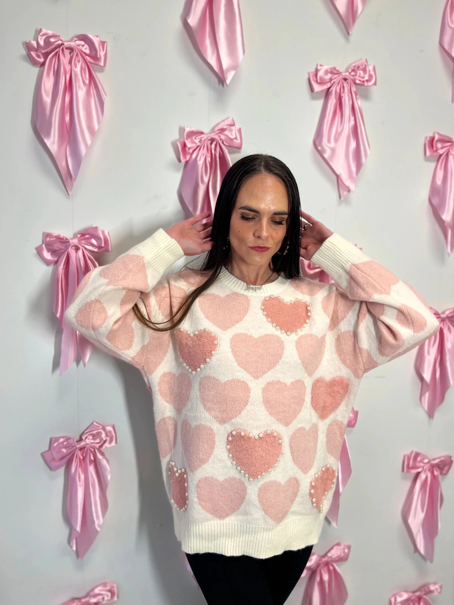 Romantic Pearl Heart Embellished Knit Sweater - Bella Blossom Boutique