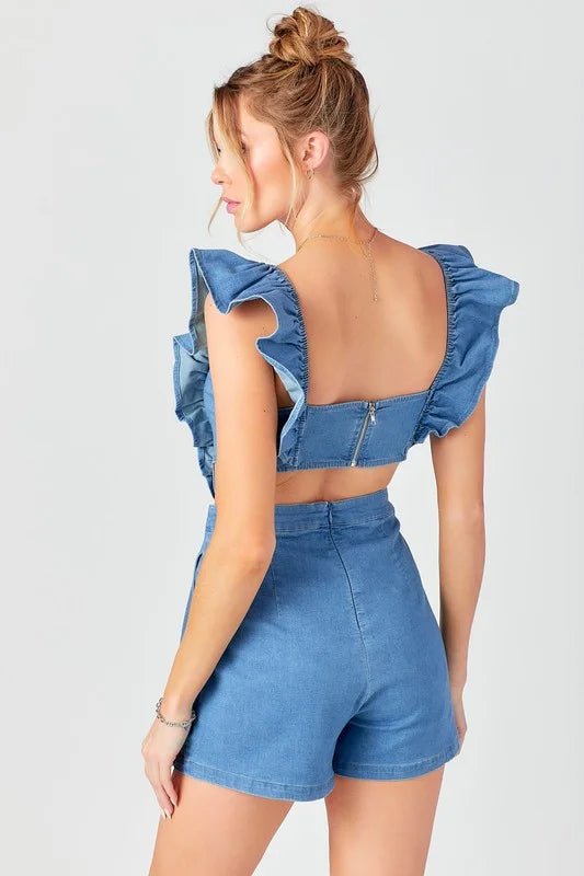 Ruffle Sleeve Open - Back Denim Romper – Chic Summer Jumpsuit - Bella Blossom Boutique
