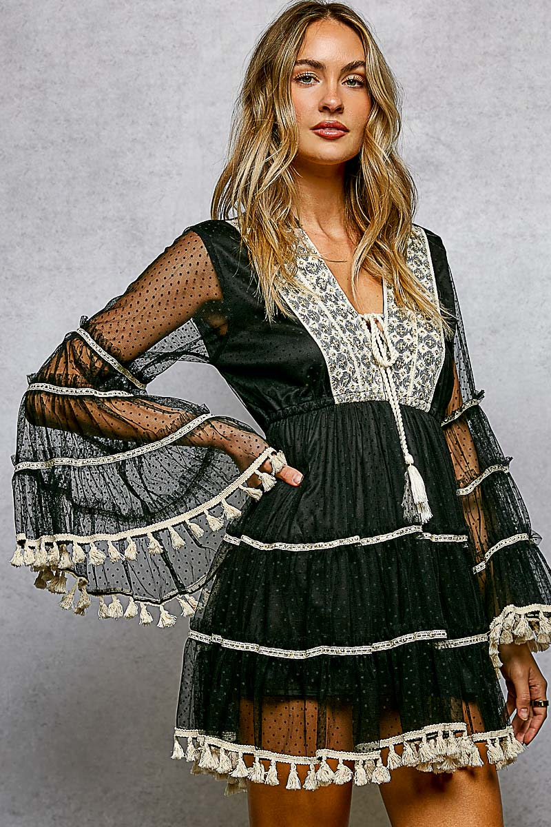 Rustic Bloom Boho Lace Tassel Mini Dress | Embroidered Festival Style - Bella Blossom Boutique