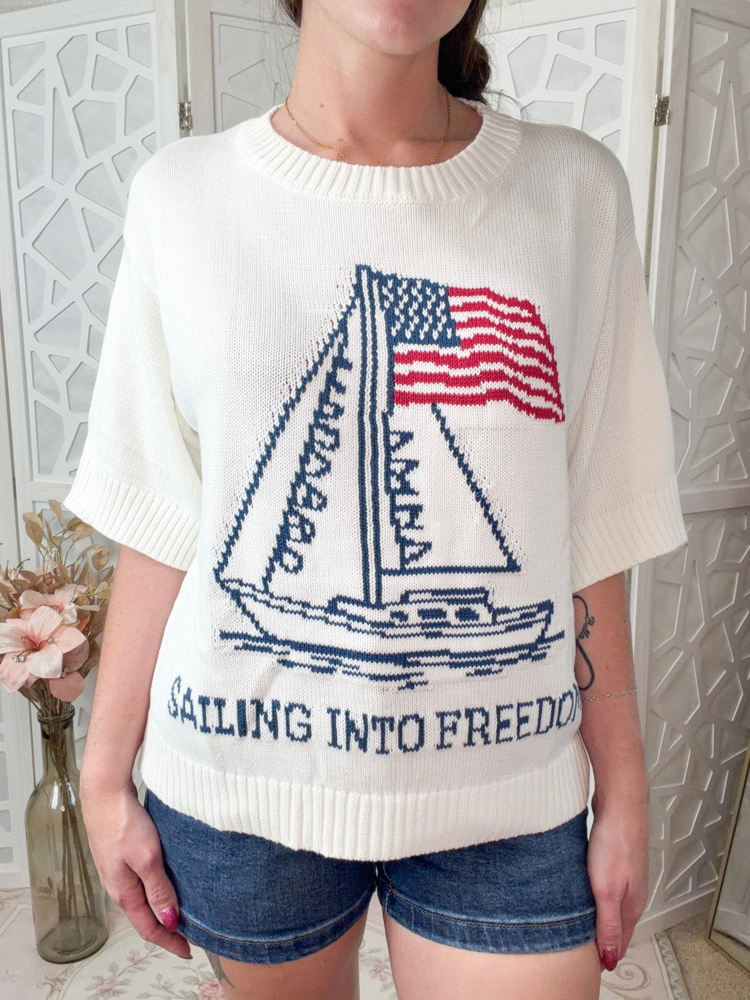 Sailing Into Freedom | USA Patriotic Jacquard Relaxed Sweater - Bella Blossom Boutique