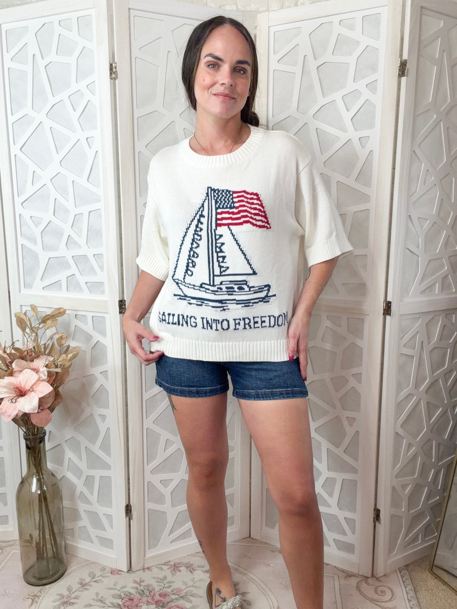Sailing Into Freedom | USA Patriotic Jacquard Relaxed Sweater - Bella Blossom Boutique