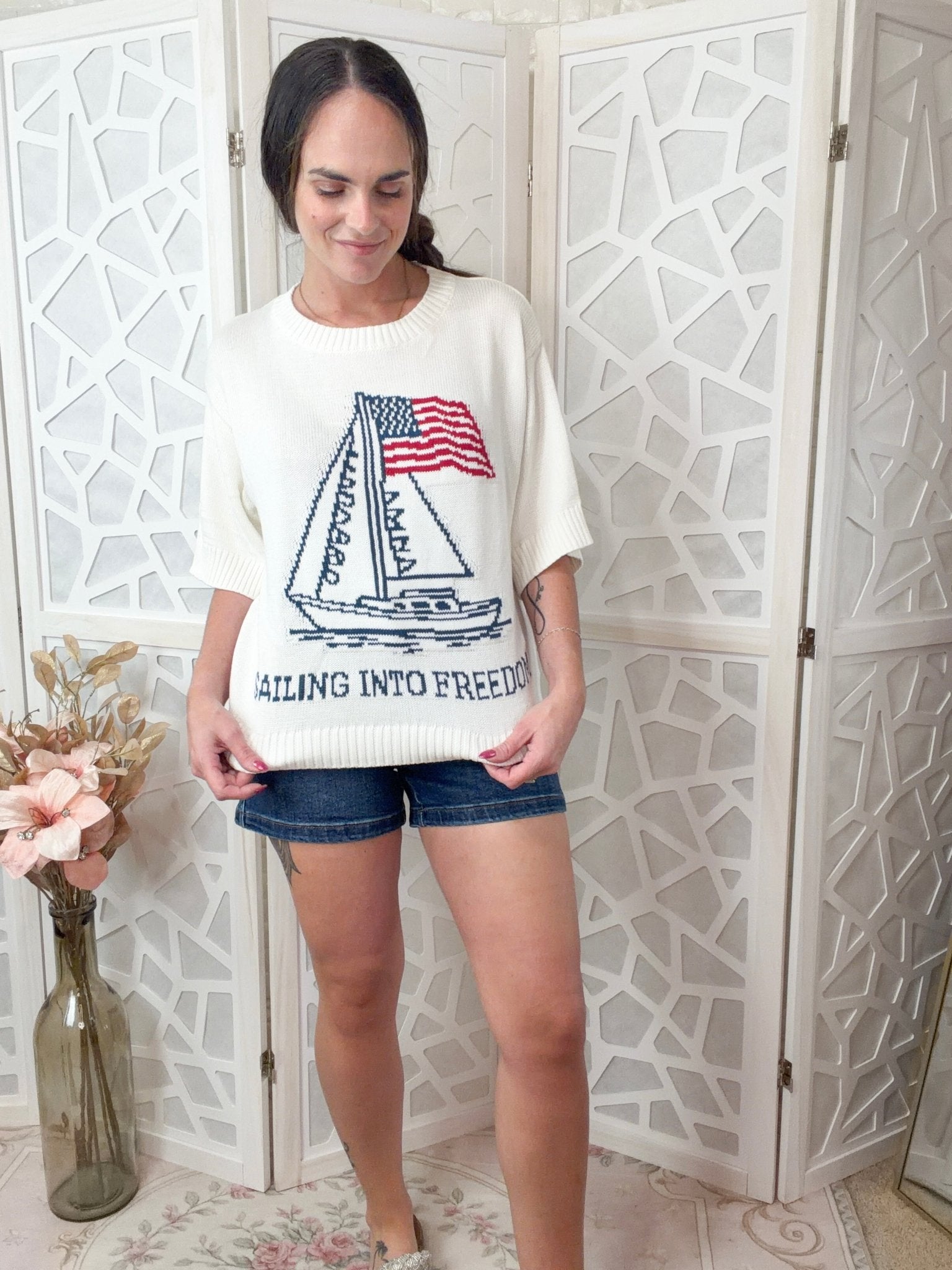 Sailing Into Freedom | USA Patriotic Jacquard Relaxed Sweater - Bella Blossom Boutique