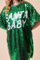 Santa Baby Sequin Oversized Holiday Party T-Shirt Dress- Green & Red - Bella Blossom Boutique