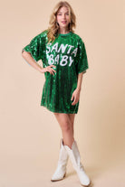 Santa Baby Sequin Oversized Holiday Party T-Shirt Dress- Green & Red - Bella Blossom Boutique