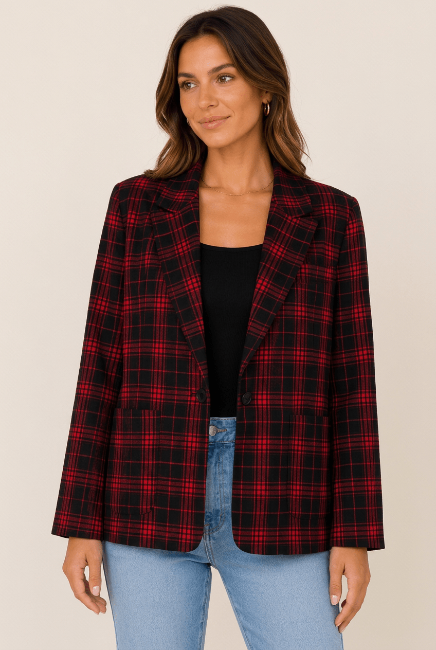 Scarlet Tartan Festive Tailored Blazer - Bella Blossom Boutique