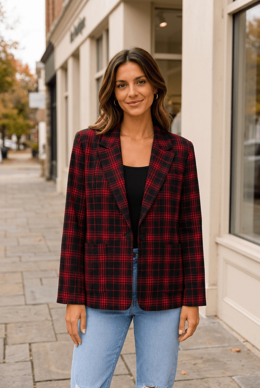Scarlet Tartan Festive Tailored Blazer - Bella Blossom Boutique