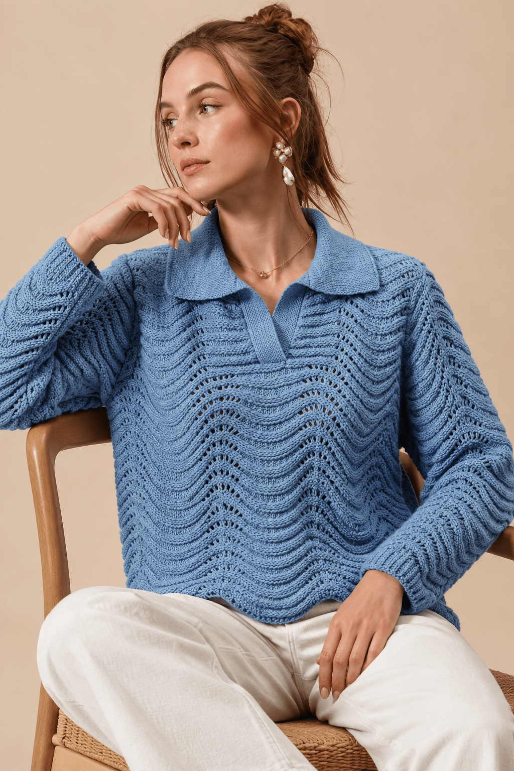 Serene Wavy Textured Notched Collar Polo Sweater - Bella Blossom Boutique