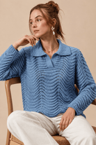 Serene Wavy Textured Notched Collar Polo Sweater - Bella Blossom Boutique