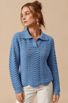 Serene Wavy Textured Notched Collar Polo Sweater - Bella Blossom Boutique