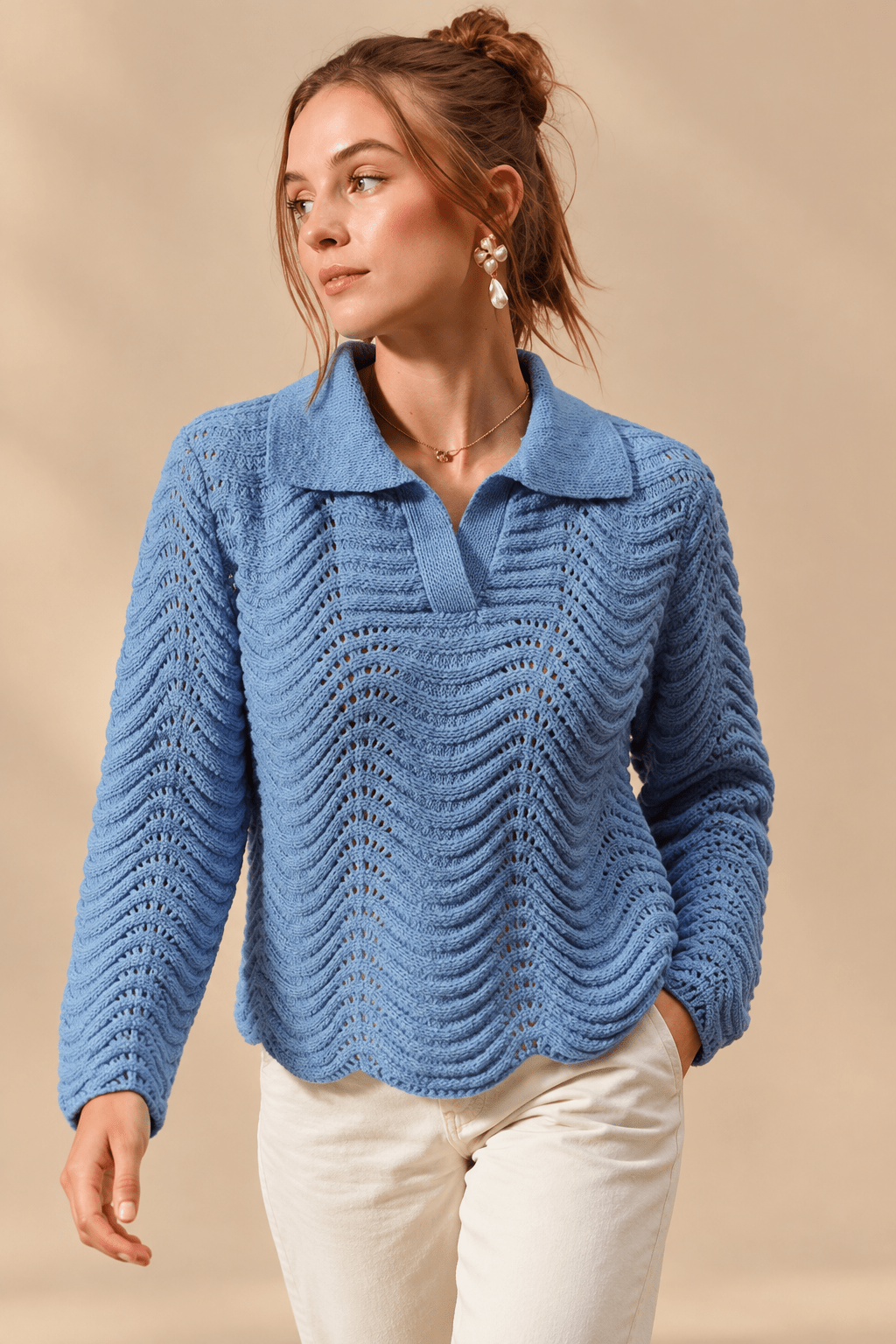 Serene Wavy Textured Notched Collar Polo Sweater - Bella Blossom Boutique