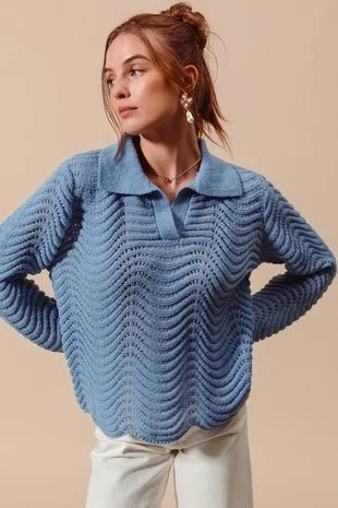 Serene Wavy Textured Notched Collar Polo Sweater - Bella Blossom Boutique