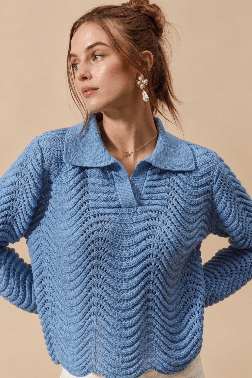 Serene Wavy Textured Notched Collar Polo Sweater - Bella Blossom Boutique