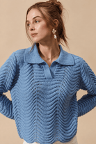 Serene Wavy Textured Notched Collar Polo Sweater - Bella Blossom Boutique