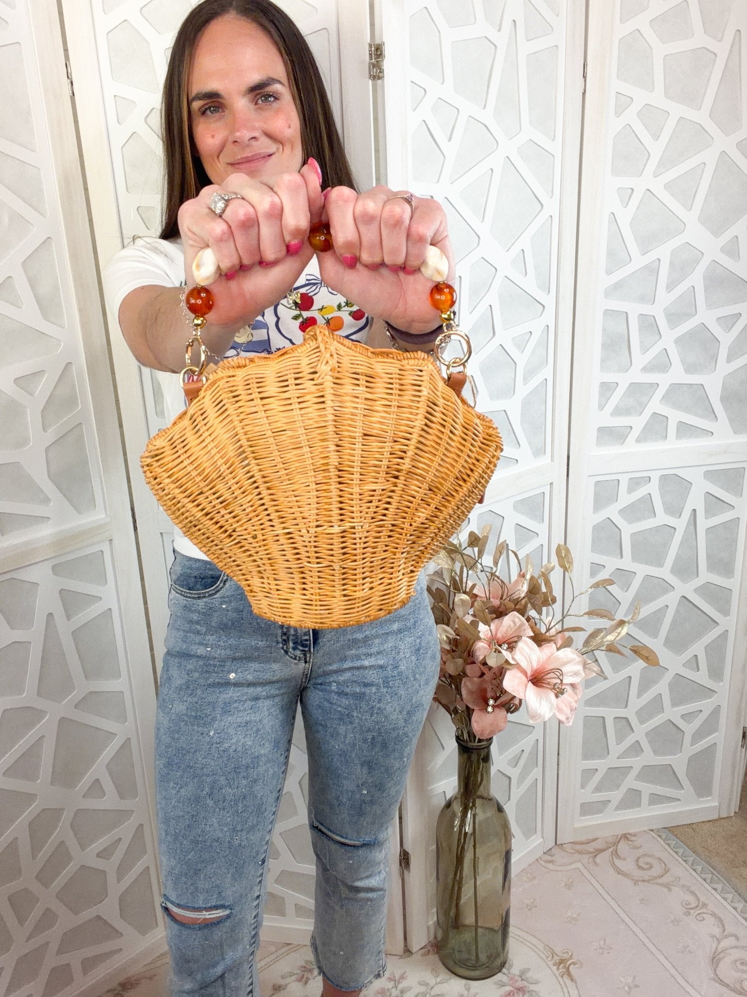 Shelie Gems Shell - Shaped Rattan Crossbody Bag with Gemstone Handle - Bella Blossom Boutique