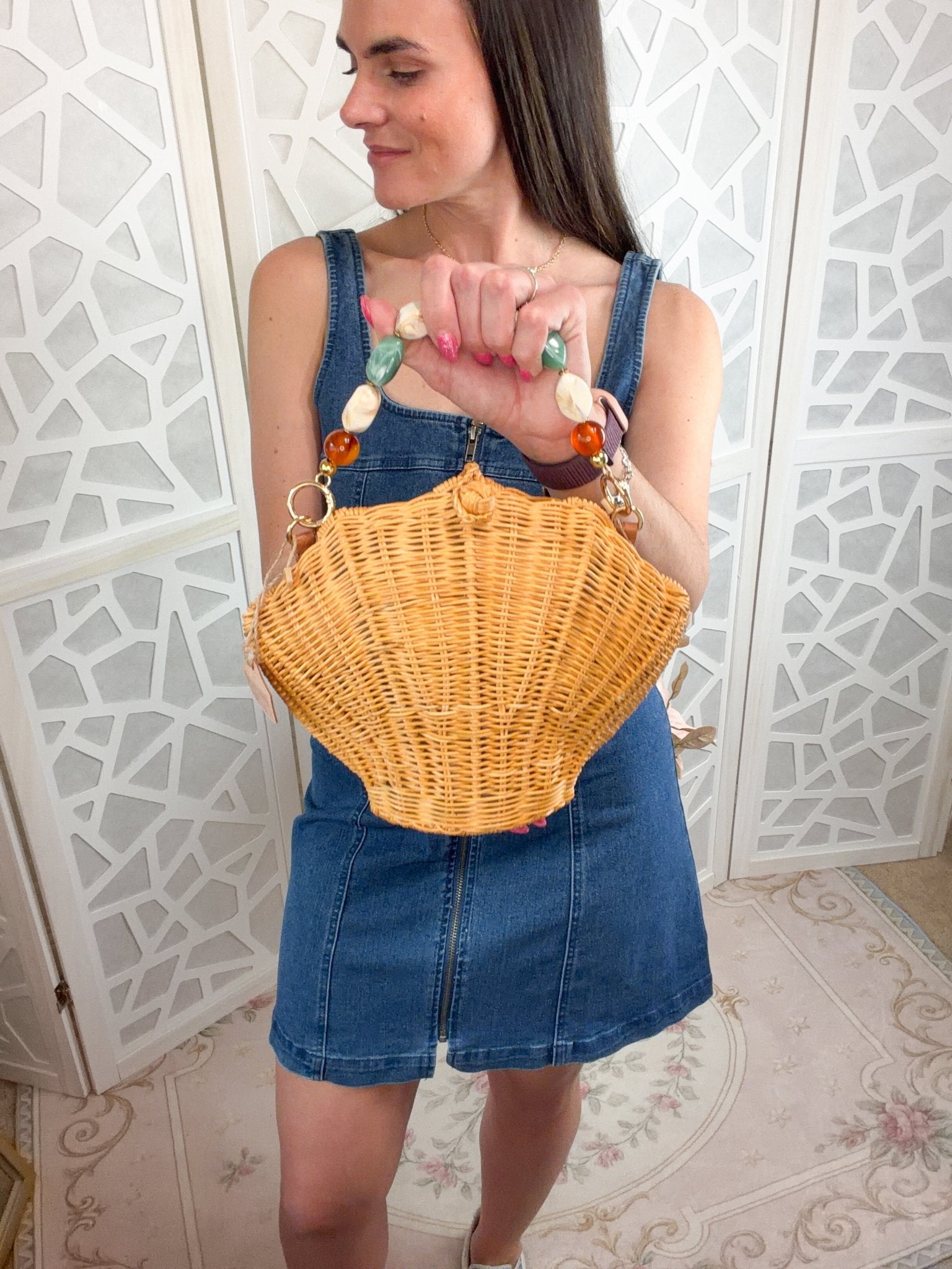 Shelie Gems Shell - Shaped Rattan Crossbody Bag with Gemstone Handle - Bella Blossom Boutique