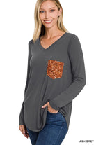 Shimmer & Softness: Sequin Pocket V - Neck Long Sleeve Top - Bella Blossom Boutique