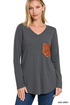 Shimmer & Softness: Sequin Pocket V - Neck Long Sleeve Top - Bella Blossom Boutique