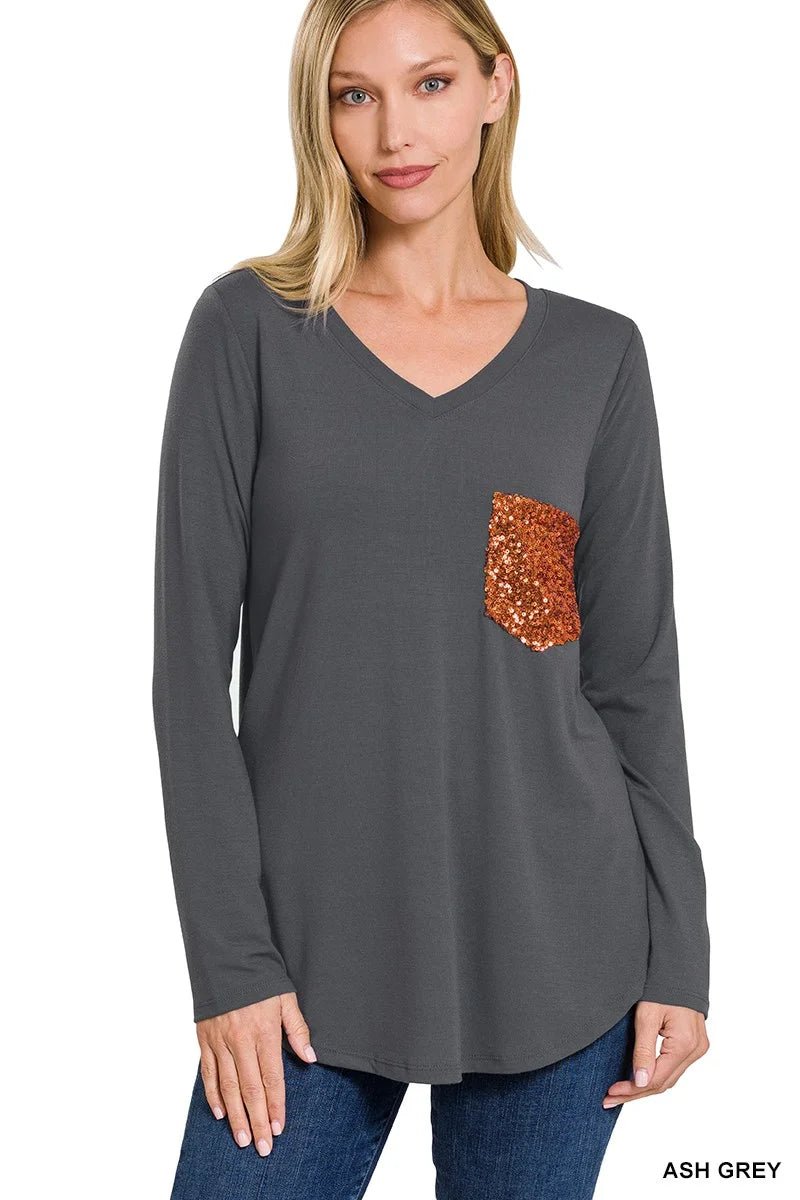 Shimmer & Softness: Sequin Pocket V - Neck Long Sleeve Top - Bella Blossom Boutique