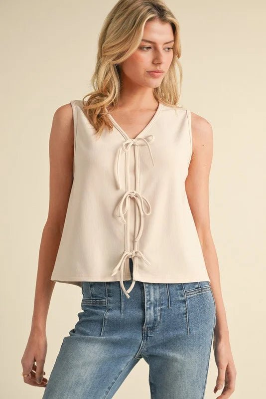 Sleeveless Tie - Front V - Neck Blouse – Elegant Triple Bow Detail Top - Bella Blossom Boutique