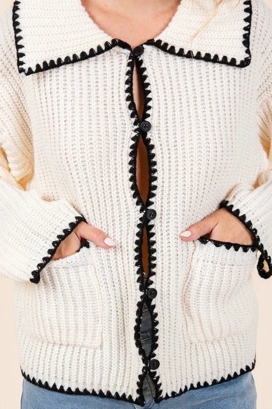 Sophia Contrast Stitch Chunky Knit Cardigan - Bella Blossom Boutique