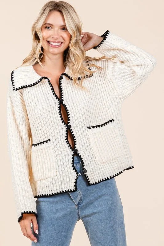 Sophia Contrast Stitch Chunky Knit Cardigan - Bella Blossom Boutique