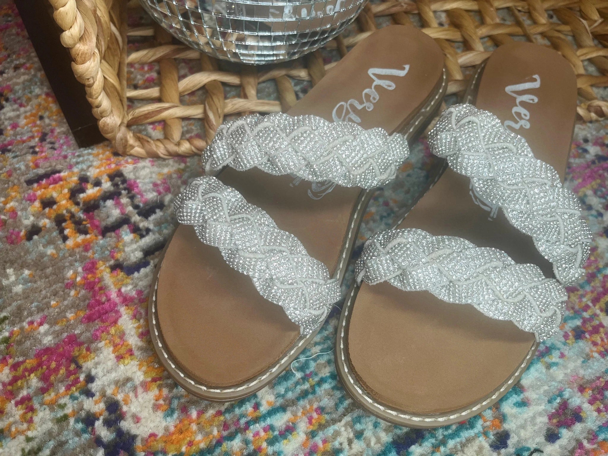 Sparkle & Shine: Braided Rhinestone Flat Sandals for Women - Bella Blossom Boutique