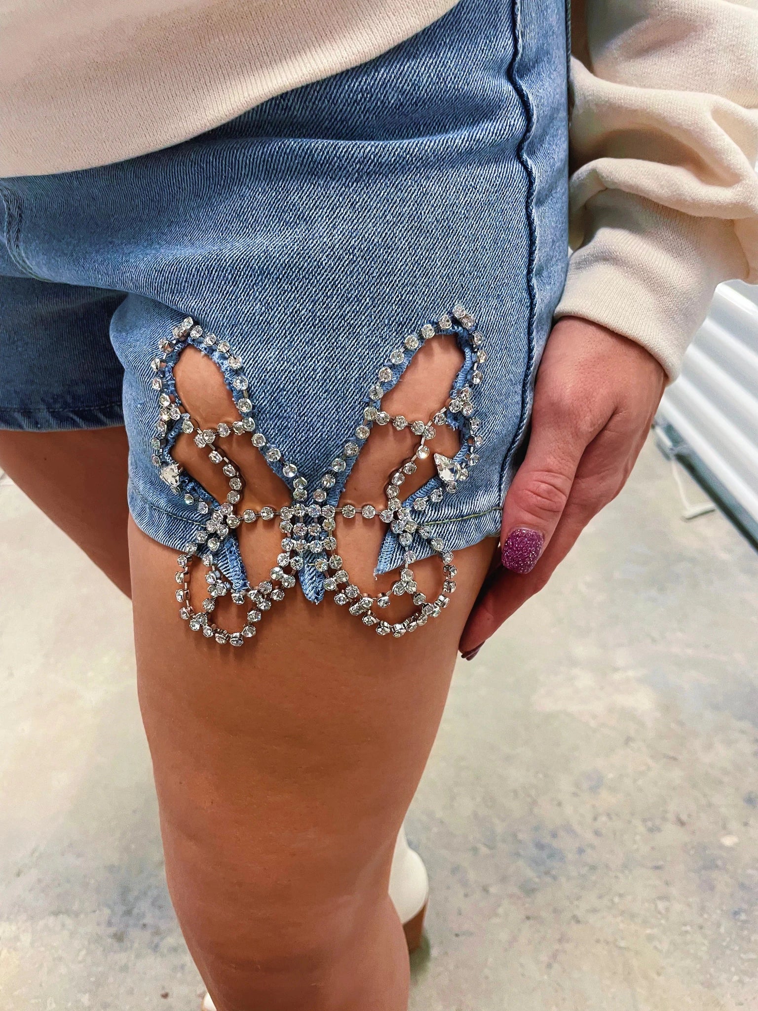 Sparkle & Shine High - Waisted Rhinestone Butterfly Denim Shorts - Bella Blossom Boutique