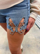 Sparkle & Shine High - Waisted Rhinestone Butterfly Denim Shorts - Bella Blossom Boutique
