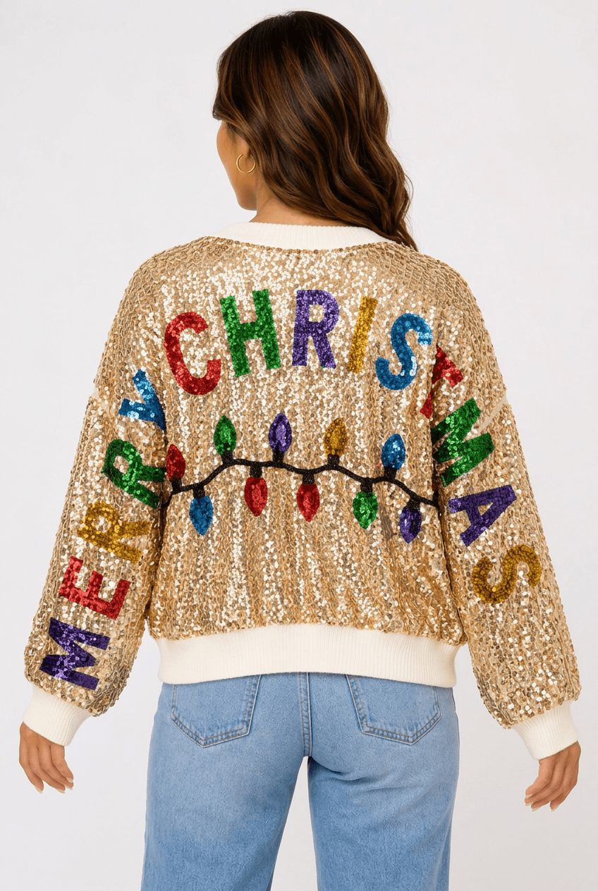 Sparkling Gold Sequin "Merry Christmas" Holiday Party Sweater - Bella Blossom Boutique