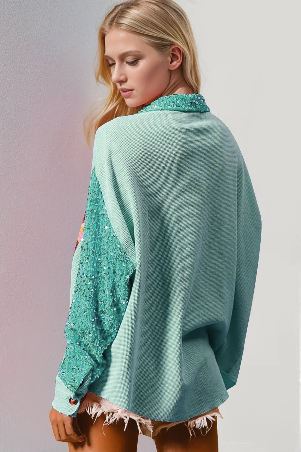 Sparkling Nutcracker Holiday Sequin Shacket - Mint Teal - Bella Blossom Boutique