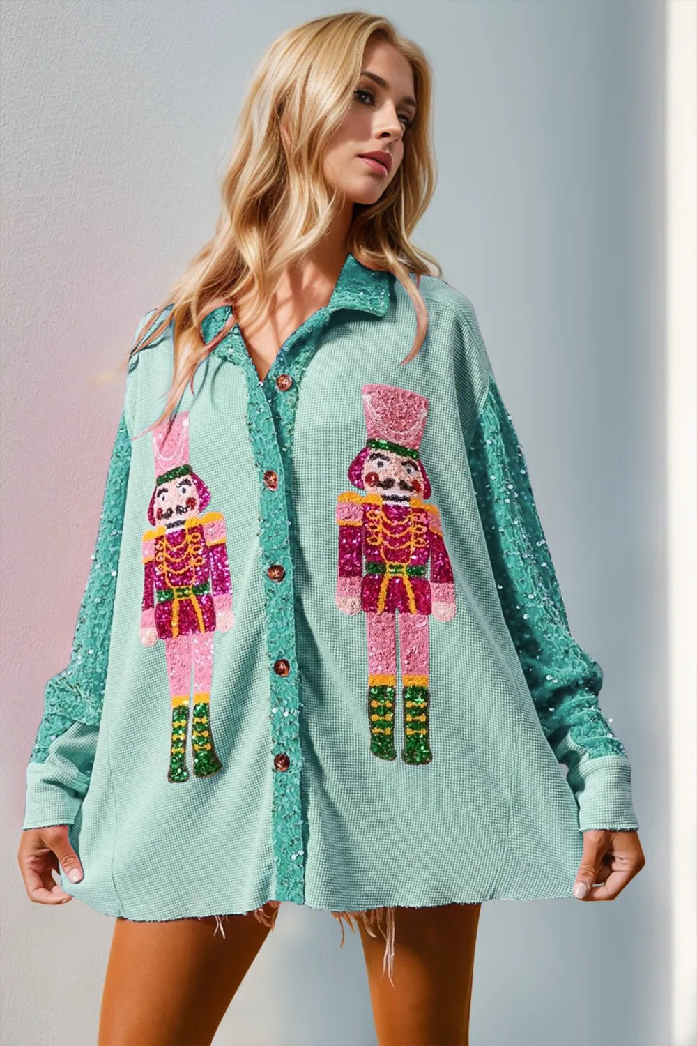 Sparkling Nutcracker Holiday Sequin Shacket - Mint Teal - Bella Blossom Boutique