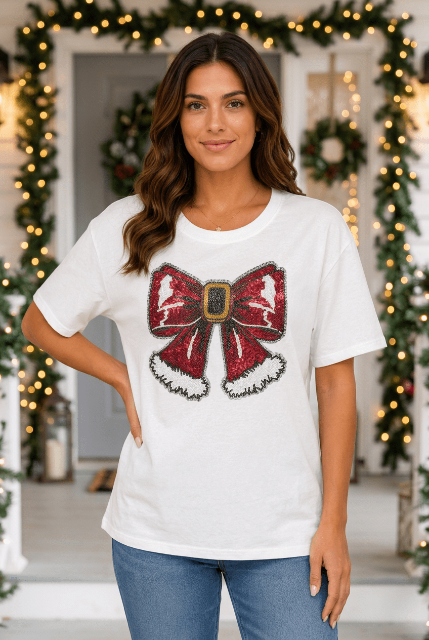 Sparkling Santa Bow Sequin Festive Christmas Tee - Bella Blossom Boutique