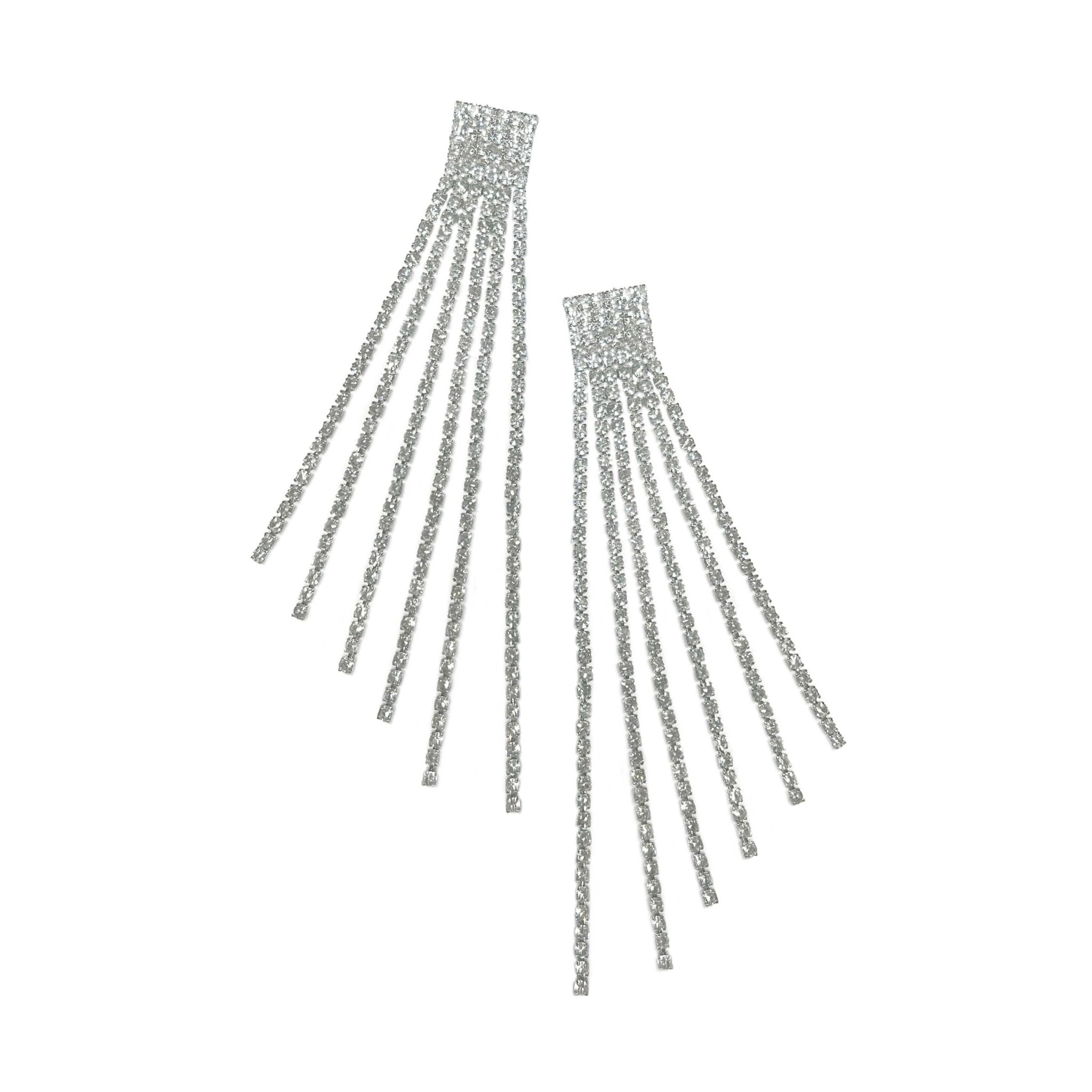 Starlight Cascade: Silver Abstract Rhinestone Fringe Drop Earrings - Bella Blossom Boutique