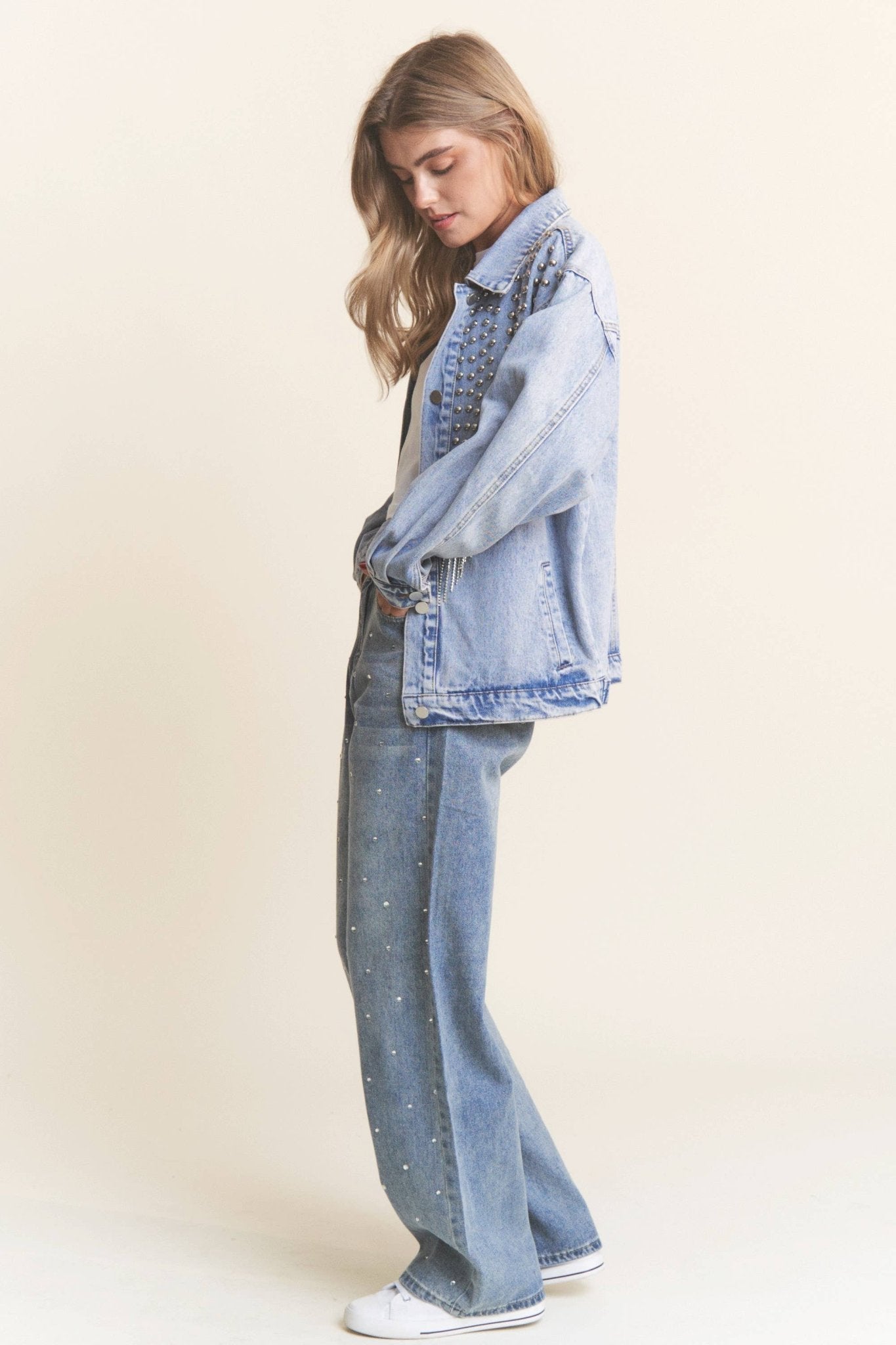 Stellar Sparkle: Rhinestone Fringe Studded Denim Jacket - Bella Blossom Boutique
