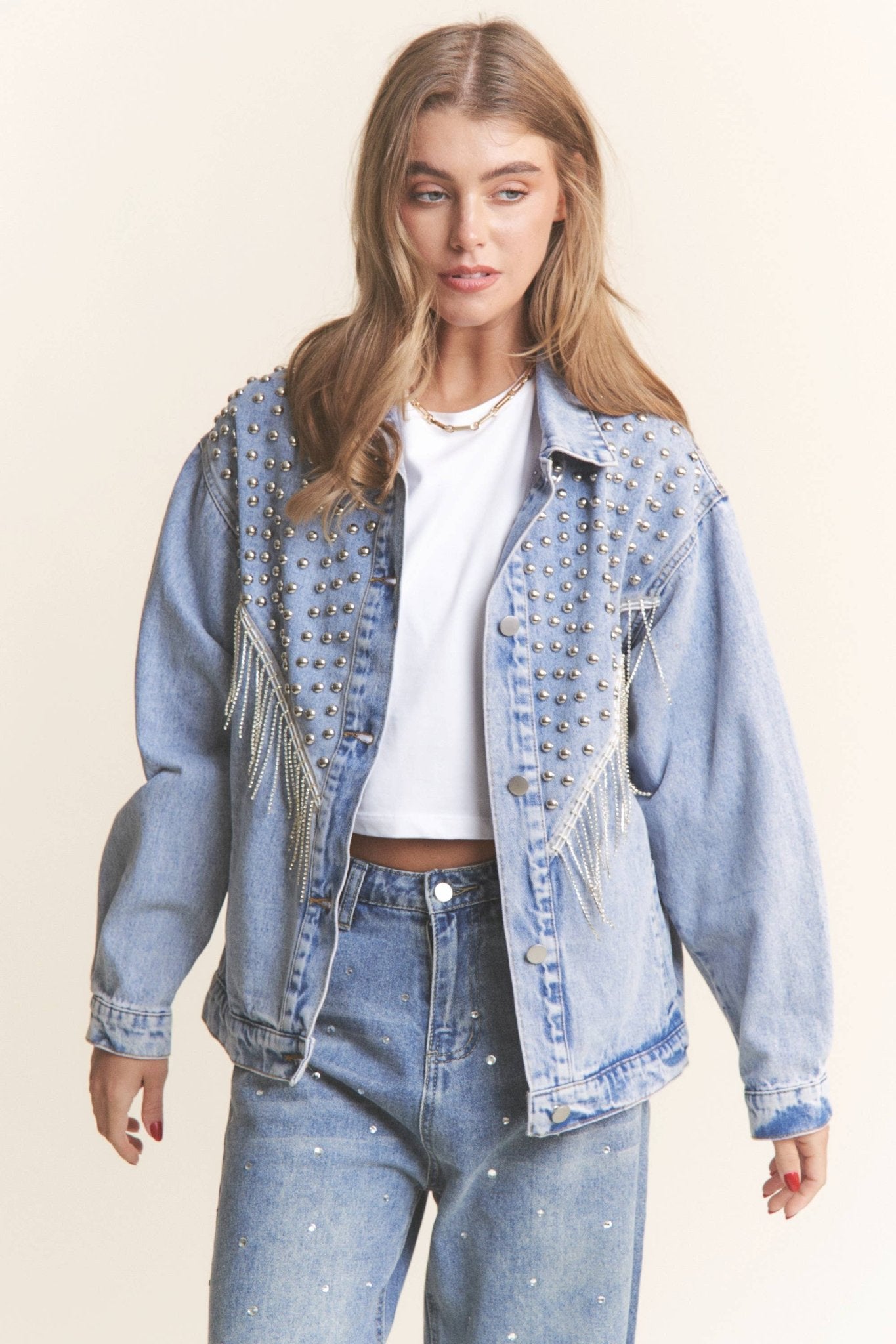 Stellar Sparkle: Rhinestone Fringe Studded Denim Jacket - Bella Blossom Boutique