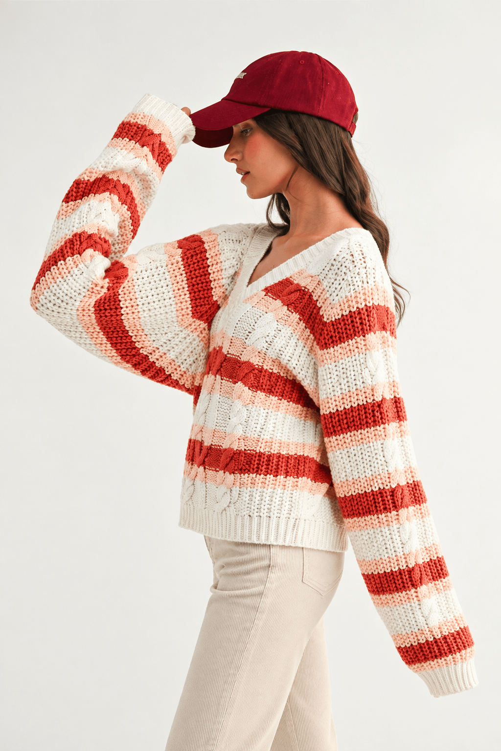 Sunset Stripe Oversized Chunky Knit V-Neck Sweater - Bella Blossom Boutique