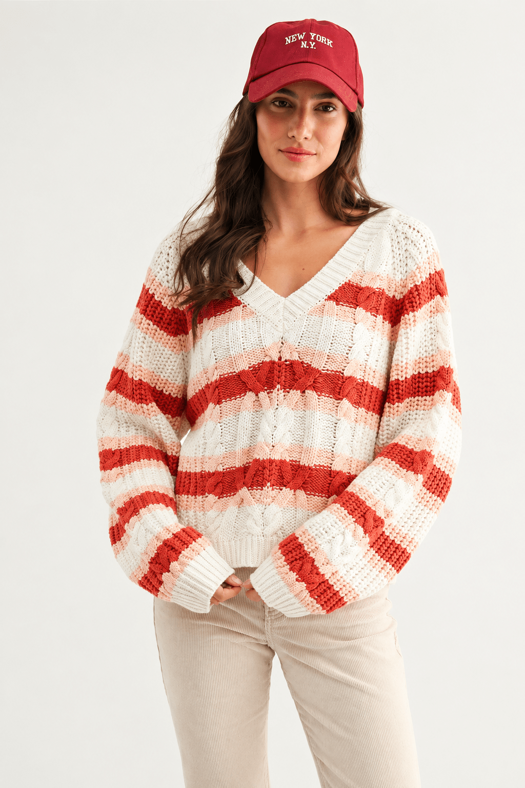Sunset Stripe Oversized Chunky Knit V-Neck Sweater - Bella Blossom Boutique
