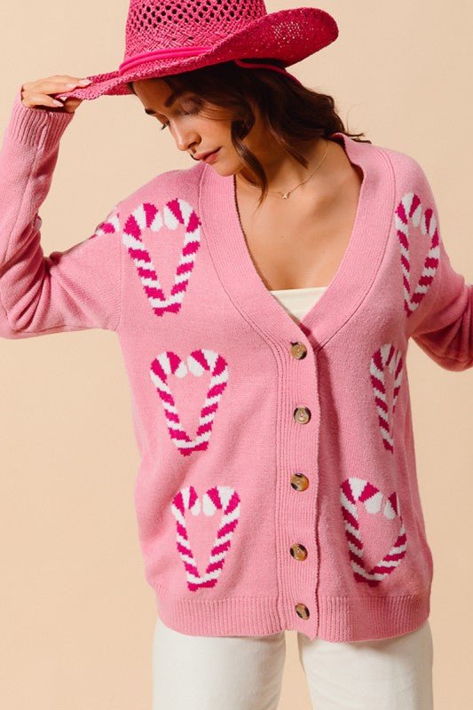 Sweetheart Pink Candy Cane Holiday Knit Cardigan - Bella Blossom Boutique