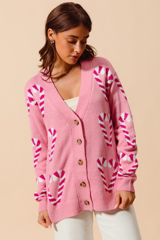 Sweetheart Pink Candy Cane Holiday Knit Cardigan - Bella Blossom Boutique