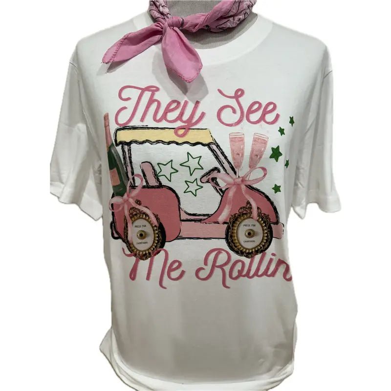 They See Me Rollin’ Champagne Golf Cart Graphic Tee - Bella Blossom Boutique