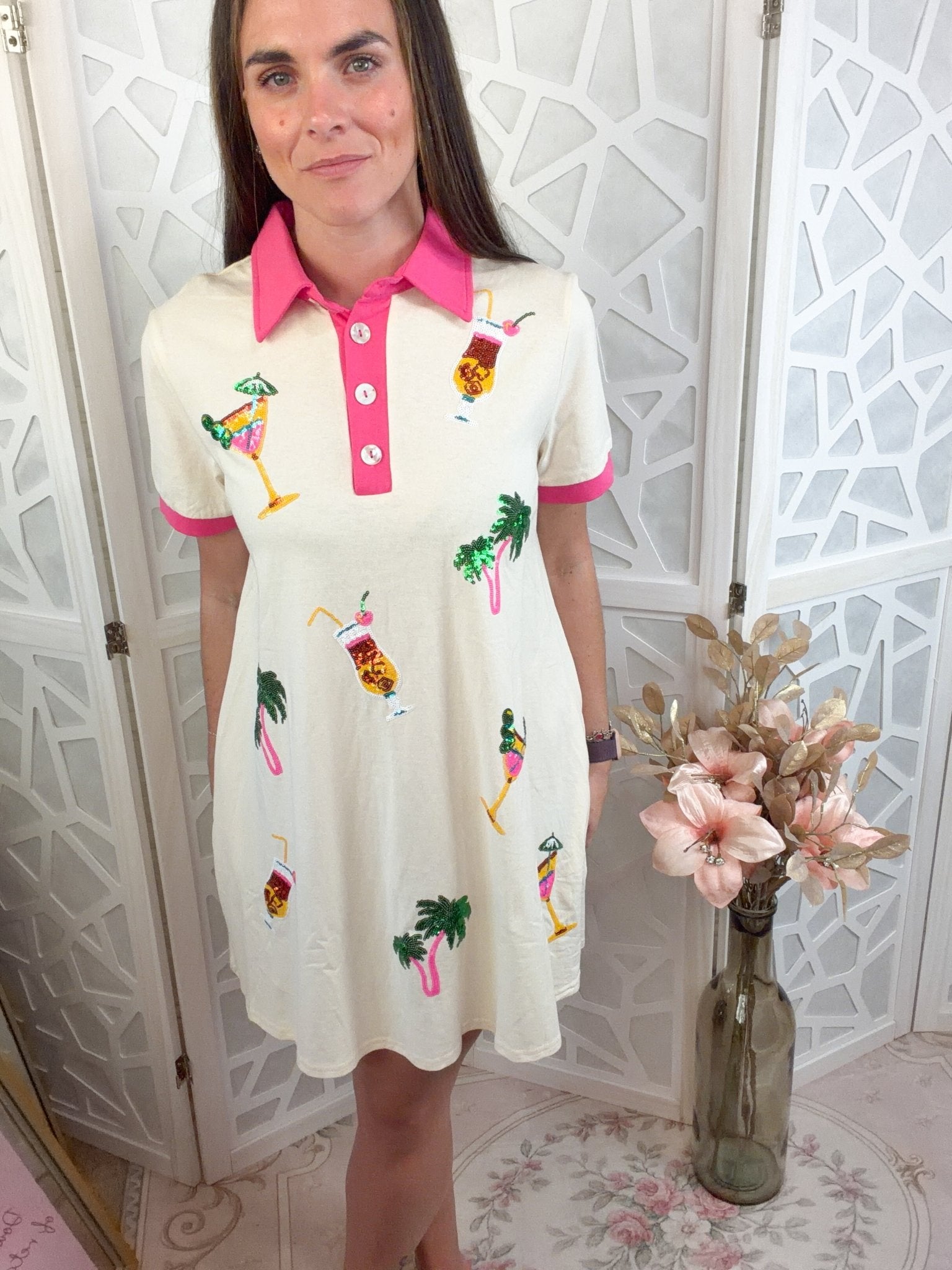 Tropical Palm Tree & Cocktail Sequin Polo Mini Dress - Bella Blossom Boutique