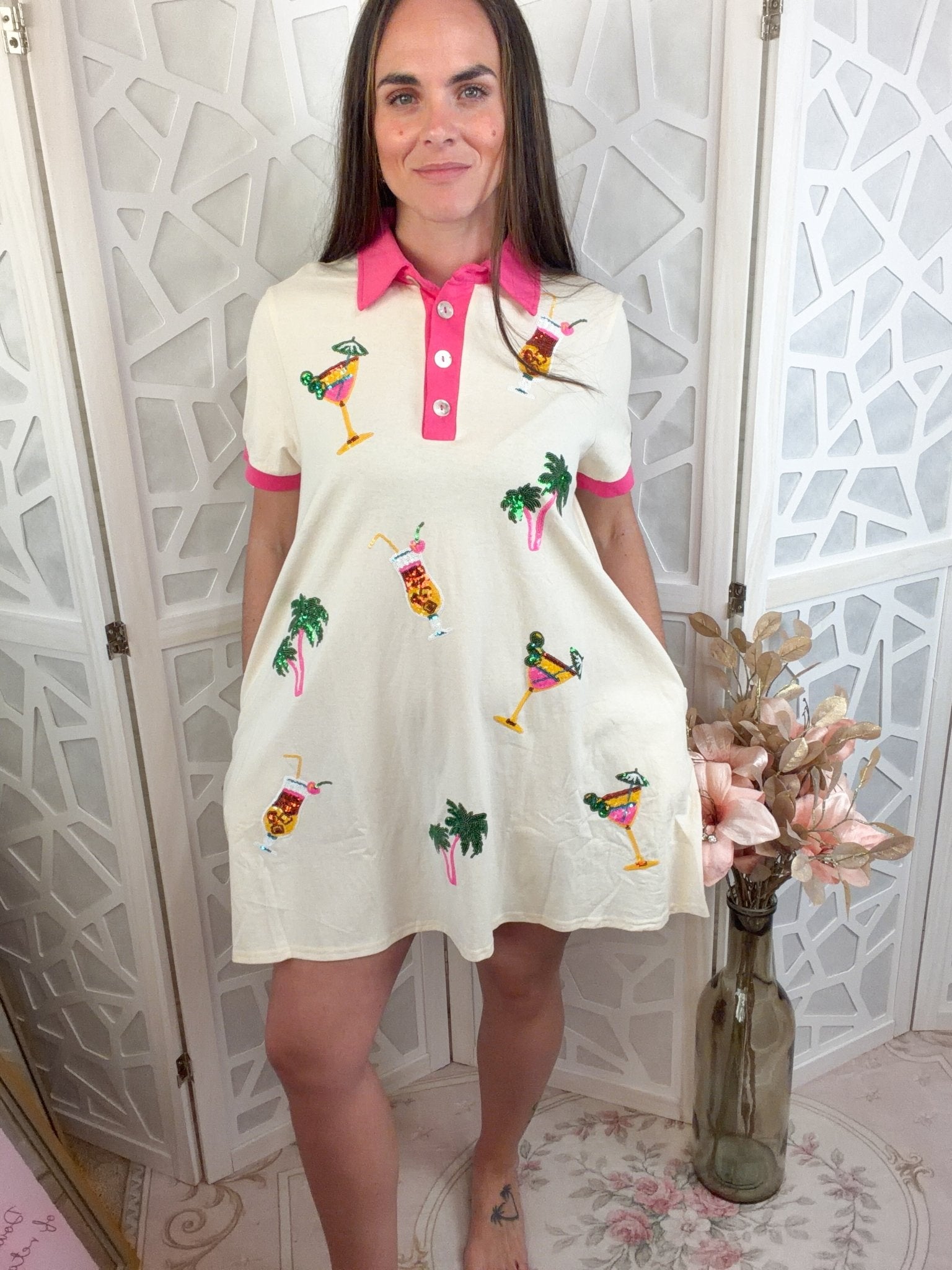 Tropical Palm Tree & Cocktail Sequin Polo Mini Dress - Bella Blossom Boutique