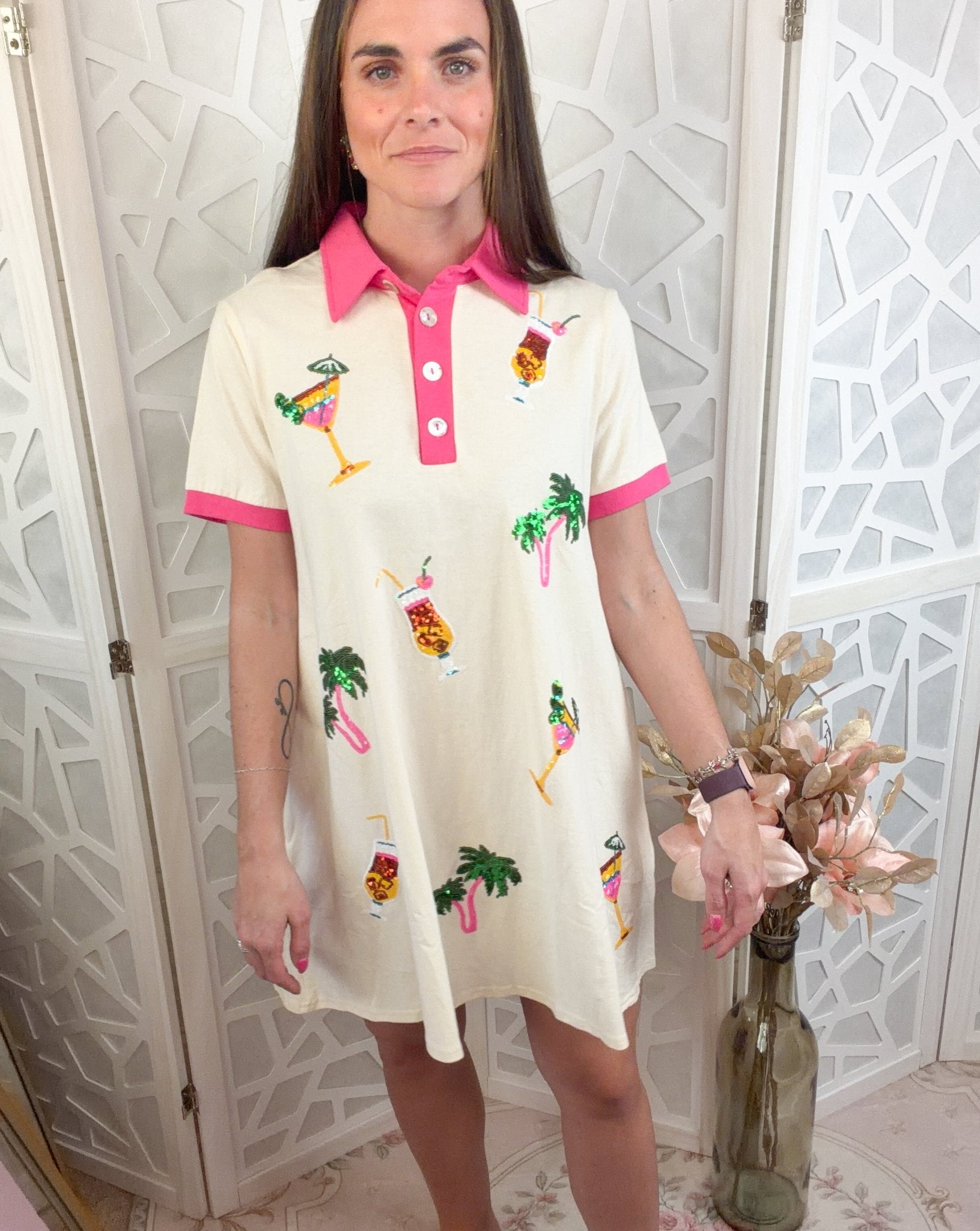 Tropical Palm Tree & Cocktail Sequin Polo Mini Dress - Bella Blossom Boutique