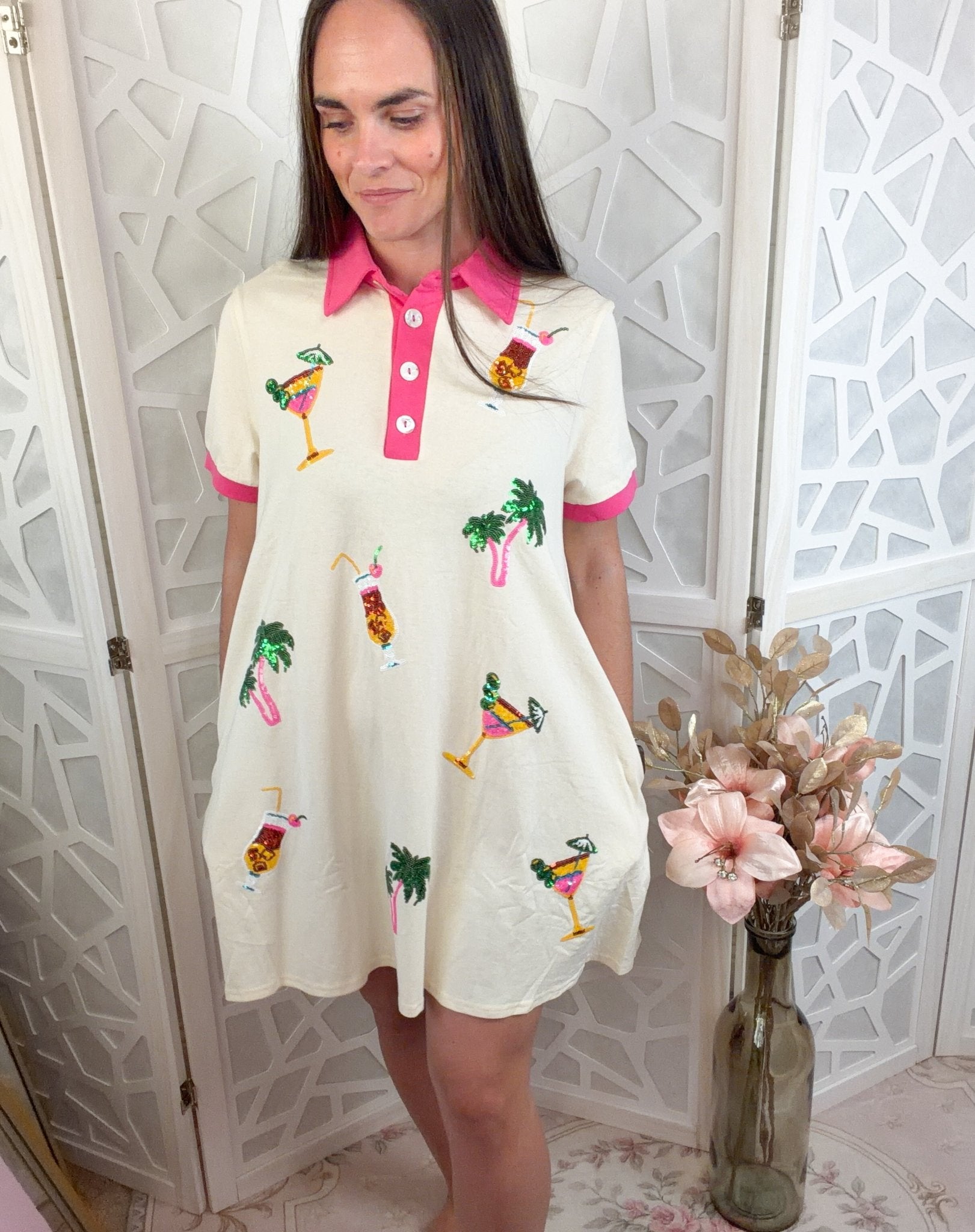 Tropical Palm Tree & Cocktail Sequin Polo Mini Dress - Bella Blossom Boutique