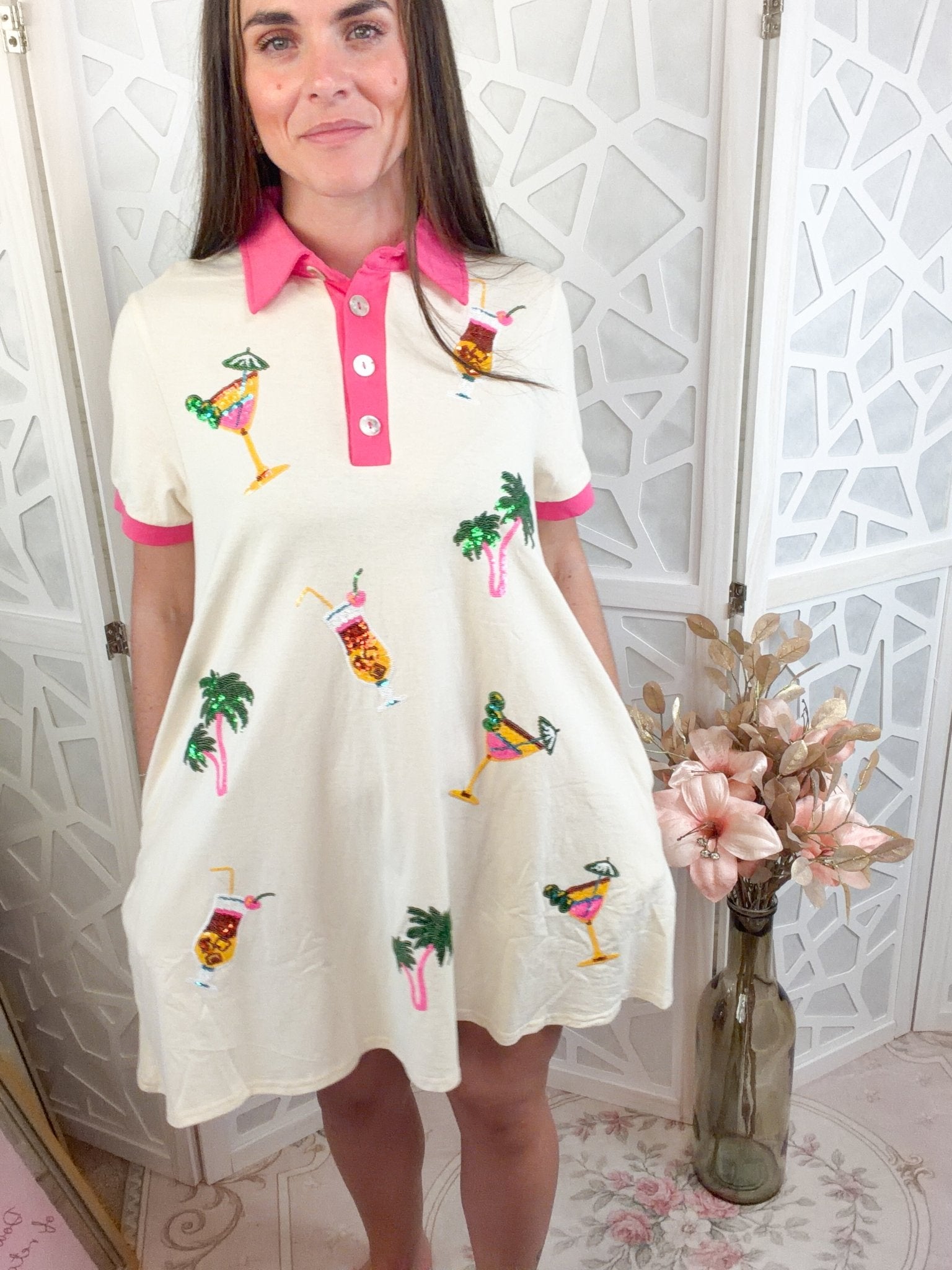 Tropical Palm Tree & Cocktail Sequin Polo Mini Dress - Bella Blossom Boutique
