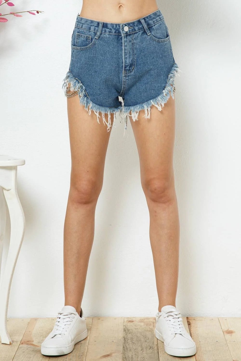 Urban Edge Frayed Chain Distressed Denim Shorts - Bella Blossom Boutique