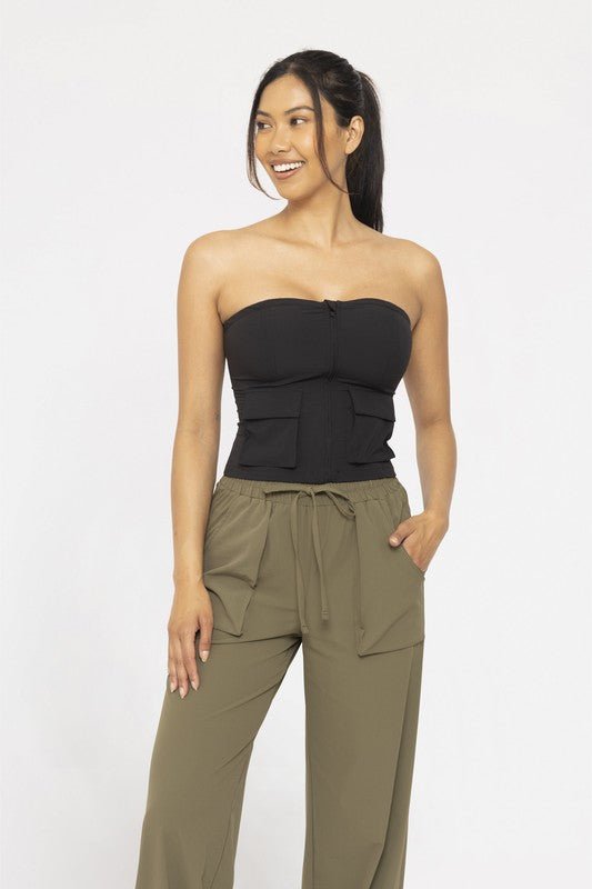 Utility Babe Ripstop Cargo Tube Top – Edgy Zip - Front Streetwear - Bella Blossom Boutique